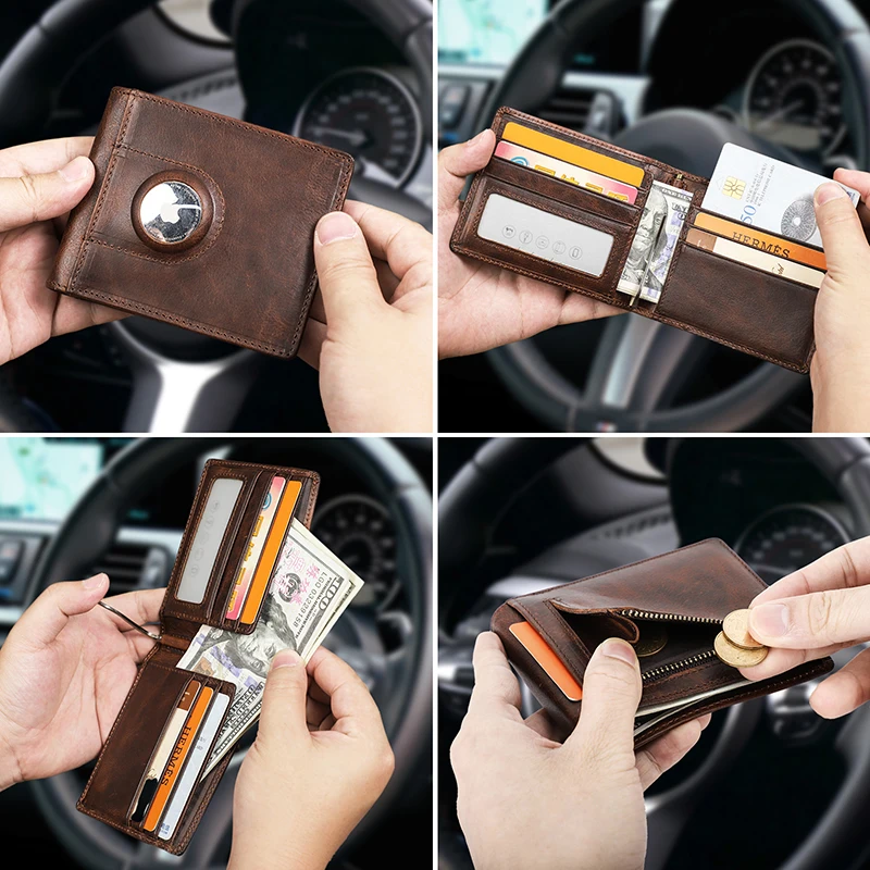 Men Airtag Wallet Card Genuine Leather Slim RFID Wallets for Apple Airtag Case Money Clip Card Holder Casual Male Purse Smart