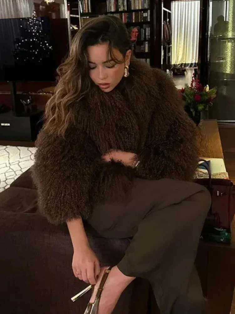 Women Solid Fluffy Soft Faux Fur Short Coat Elegant Long Sleeves Cropped Overcoats Chic Autumn Winter Female Warm Outwears