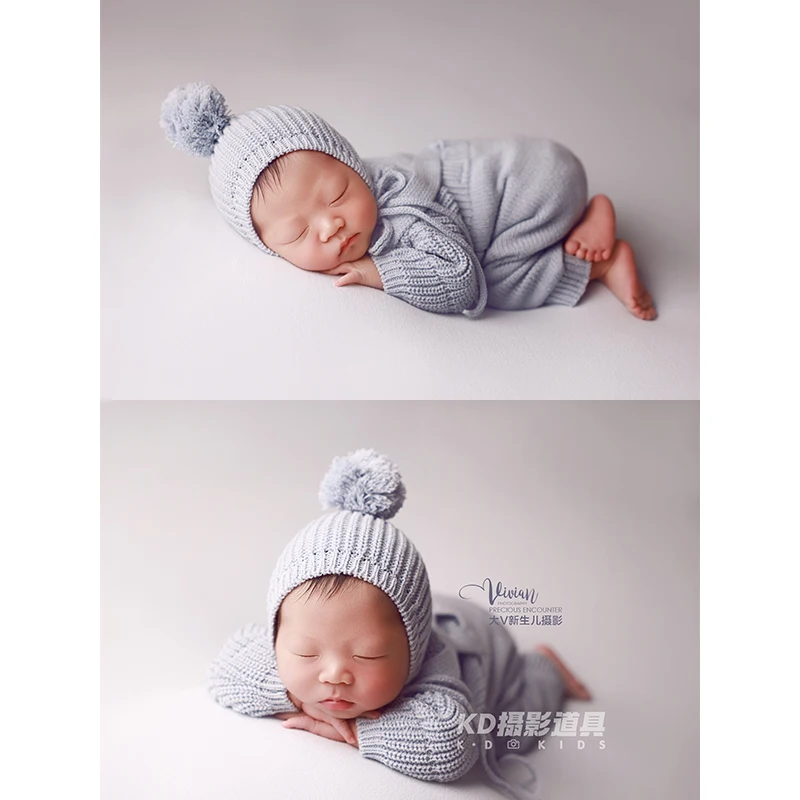 INS Style Baby Knit Costume 2pcs/Set + Pom-Pom Hat Newborn Photography Outfit Baby Blue Soft Blanket Winter Warm Infant Homewear