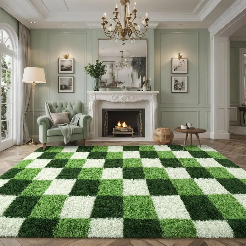 

Luxurious 6x9 Ft Green Checkered Memory Foam Rug for Bedroom, Living Room, and Kids' Rooms - Soft, Anti-Slip, Easy to Clean