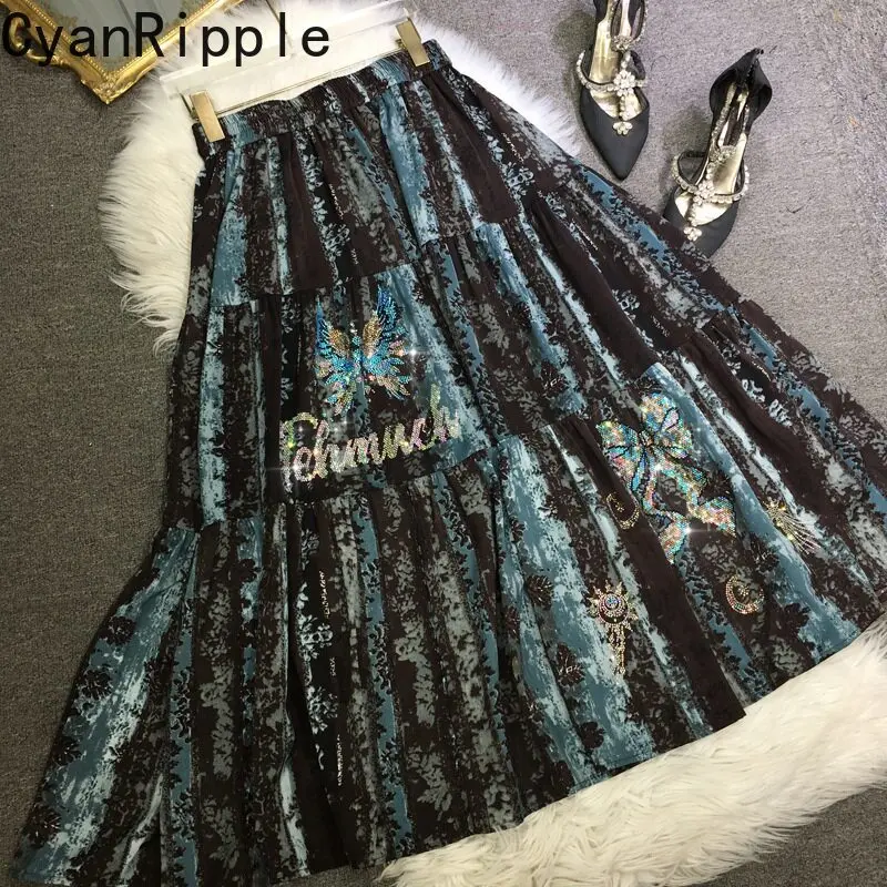 Fashion New Spring Summer Hot Diamonds Tie Dye Butterfly Women Pleated Skirt All-match Vintage Elastic Waist Mid-length Skirts