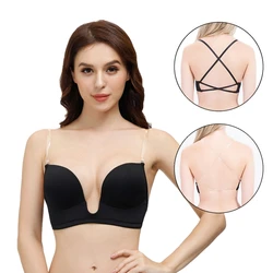 Womens Low Back Bra Wire Lifting Deep U Shaped Plunge Backless Bra with Multiway Convertible Clear Straps Body Shaper Lingeres