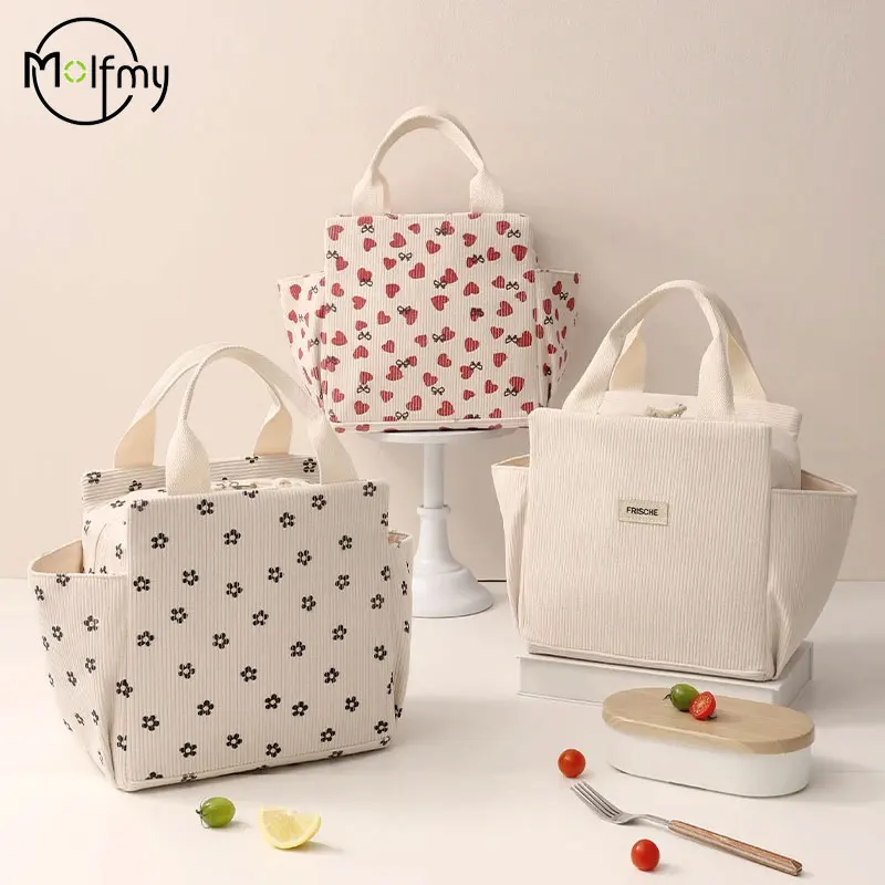 Corduroy Thermal Insulation Lunch Bags Multifunctional Kid School Cooler Picnic Food Pouch Insulated Handbag for Picnics School