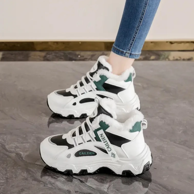 

2025 Women Casual Sneakers Color-block Thick Sole Chunky Sneakers Warm Plush Lined Anti-slip Running Shoes