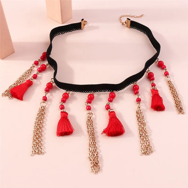 Aihua Gotische Viktorianische Schwarz-Rote Spitzen-Halskette für Damen und Mädchen, Boho Kristall-Quasten Sexy Spitzen-Choker, Steampunk Dark Loli Stil Schmuck – Detail 3