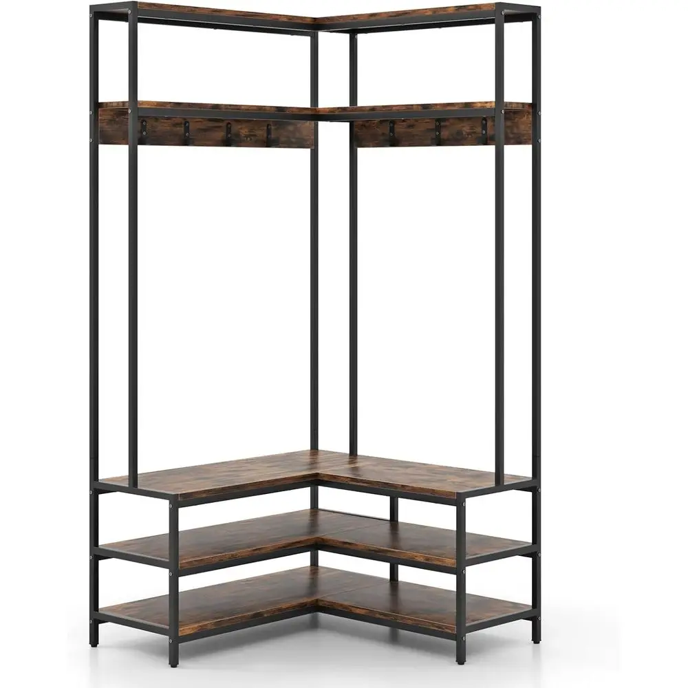 

Металлическая L-образная вешалка для одежды с скамейкой для обуви и 7 крючками, отдельно стоящий угловой органайзер для хранения коричневого и черного цвета в деревенском стиле