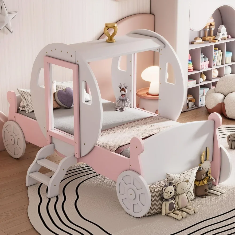 Estrutura de cama de transporte de princesa de tamanho duplo para meninos meninas crianças pequenas com coroa, cama de carro de plataforma de madeira com escada móveis infantis