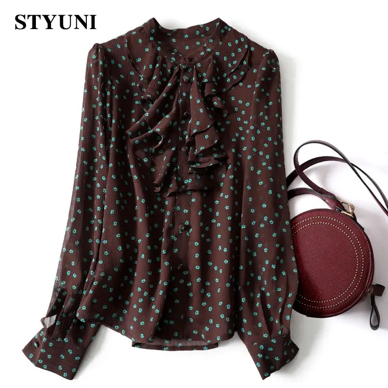 Ruffled Coffee Polka Dot Print Vintage Long Sleeve Women's Blouse Shirt Korean Fashion Female Blouses Top 2023 Summer Spring