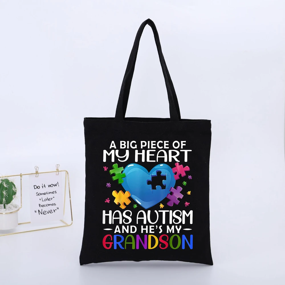 Grandparent's Heart and Puzzle Piece Print Black Canvas Tote Bag, Casual Style for Daily Use
