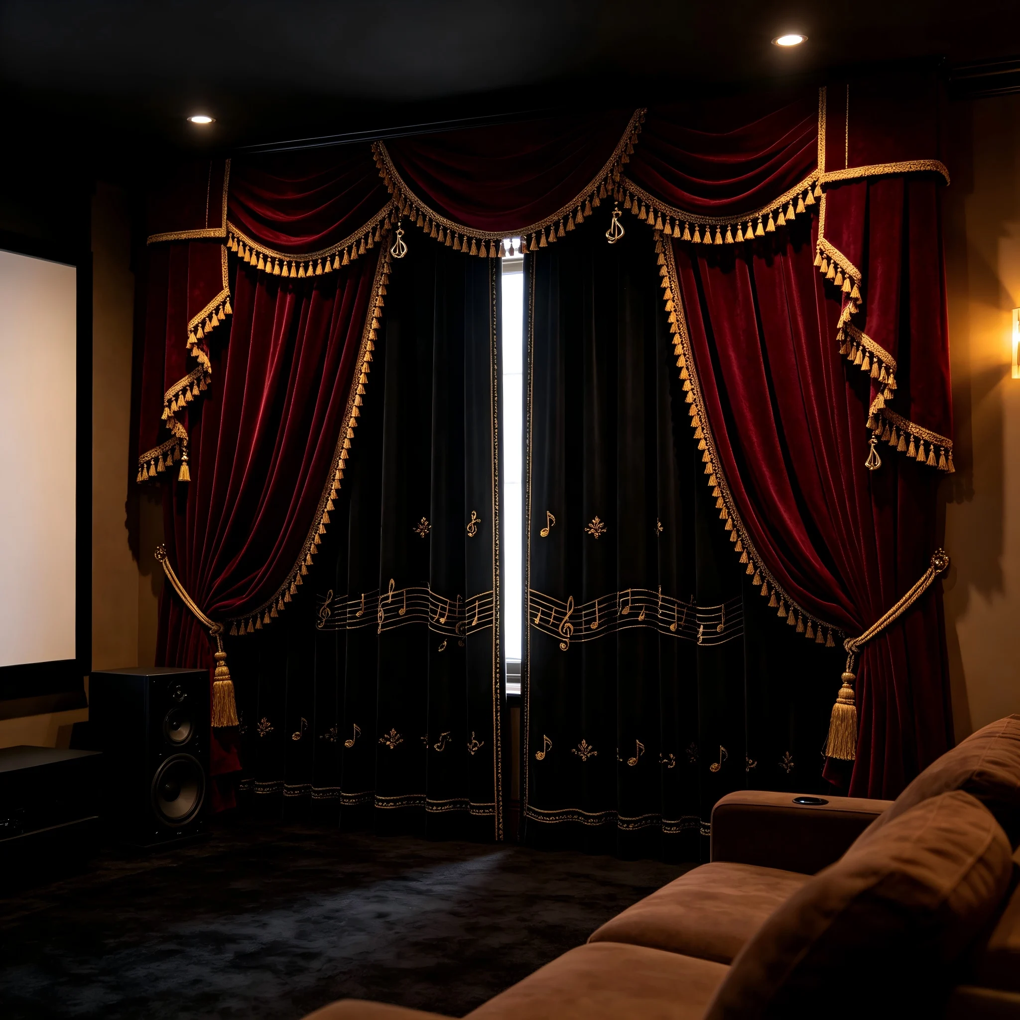 200307   Basement audio and video area: wine red velvet x black lining curtains, musical notes/theater patterned curtains