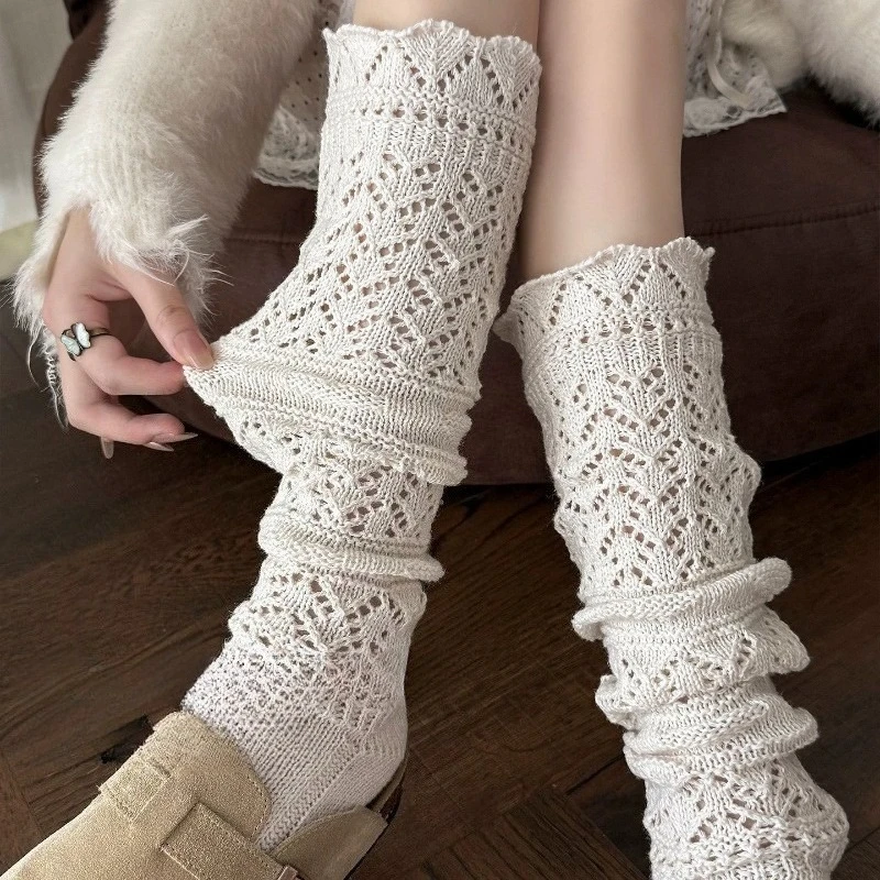 

Женские осенне-зимние черные вязаные носки, белые носки до икры, длинные носки с полым дизайном