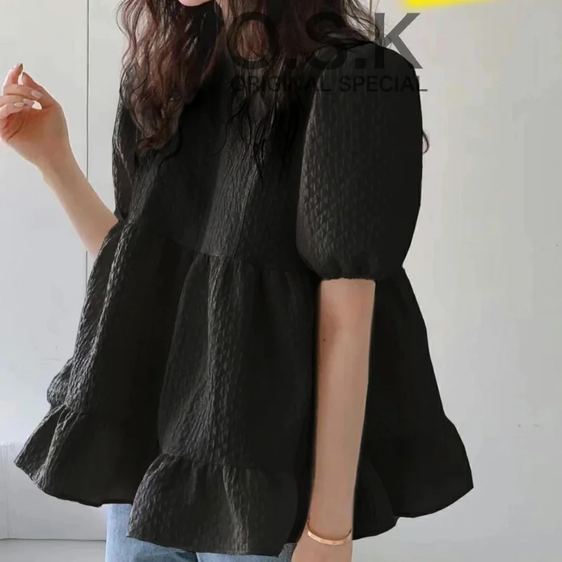 Blusa elegante de manga corta abombada para Mujer, camisas lisas simples con volantes y cuello redondo, Blusa sencilla informal japonesa para Mujer