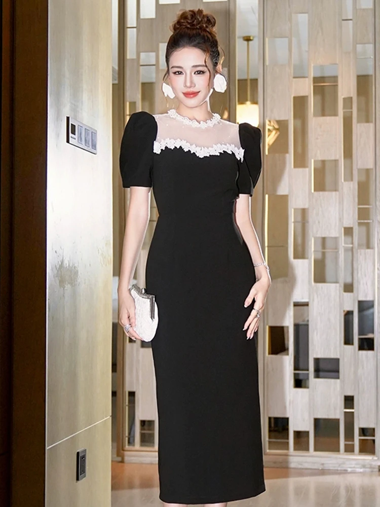 Abito longuette nero stile vintage elegante da donna Fiori di pizzo francese Trim Abito aderente trasparente Lady Abiti da festa di lusso