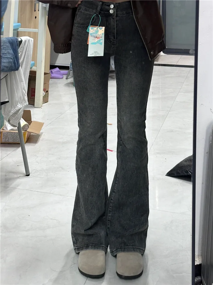 

Gray Smoke Flared Jeans Women's Autumn Winter Fleece Lined American Retro High Waist Slimming Long Floor Length Pants