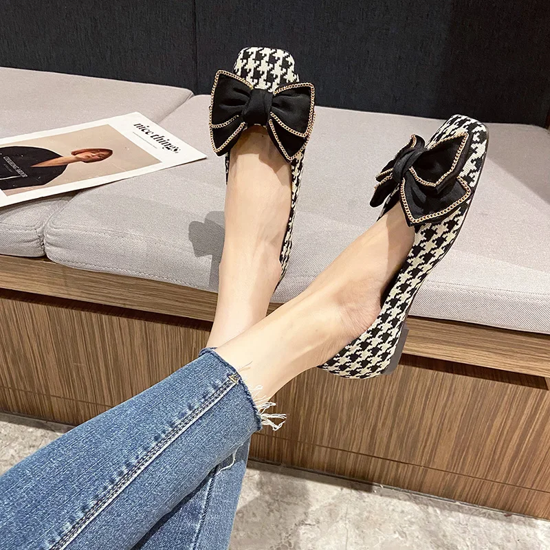 Women Flats with Bow Zapatos Planos De Mujer Woman Summer Shoes Size 44 Flat Shoes Size 33 45 Square Head Velvet Black Moccasins