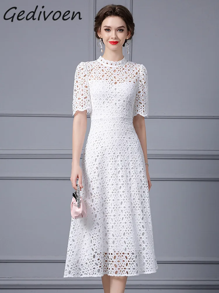 

Gedivoen Summer Fashion Runway Elegant White Evening Party Dress Women Short Sleeve High Waist Hollow Out Embroidery Long Dress