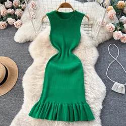 YuooMuoo Early Autumn Sexy Package Hips Ruffles Mini Dress Summer Fashion Y2K Knitted Bodycon Ladies Dress Korean Party Vestidos