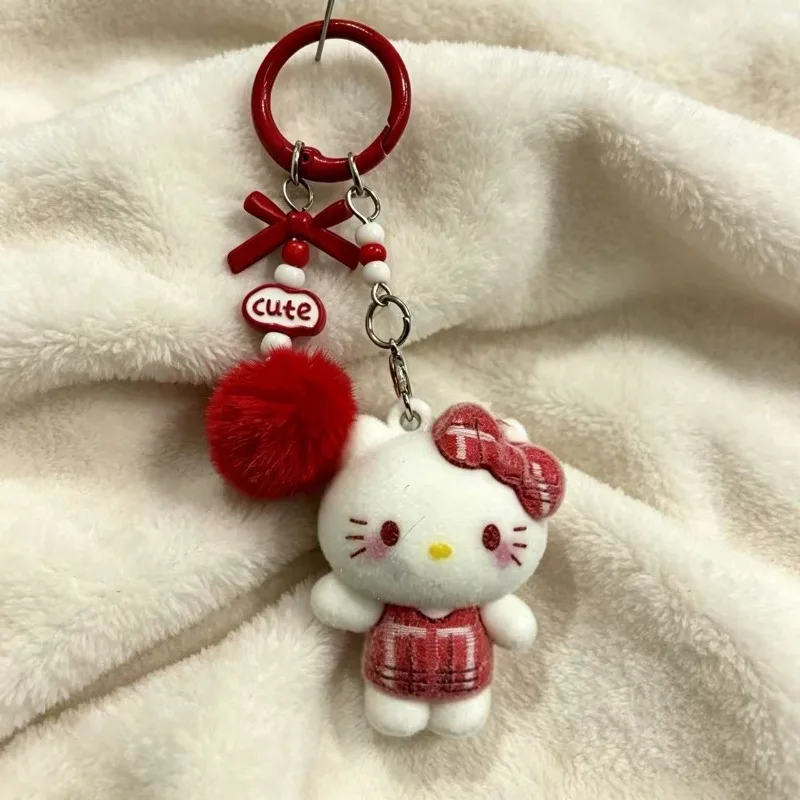 Sanrio Kawaii Hello Kitty Retro plaid Doll Keychain Japanese Cartoon Bag Pendant Car Key Accessories Children's Birthday Gift view 5
