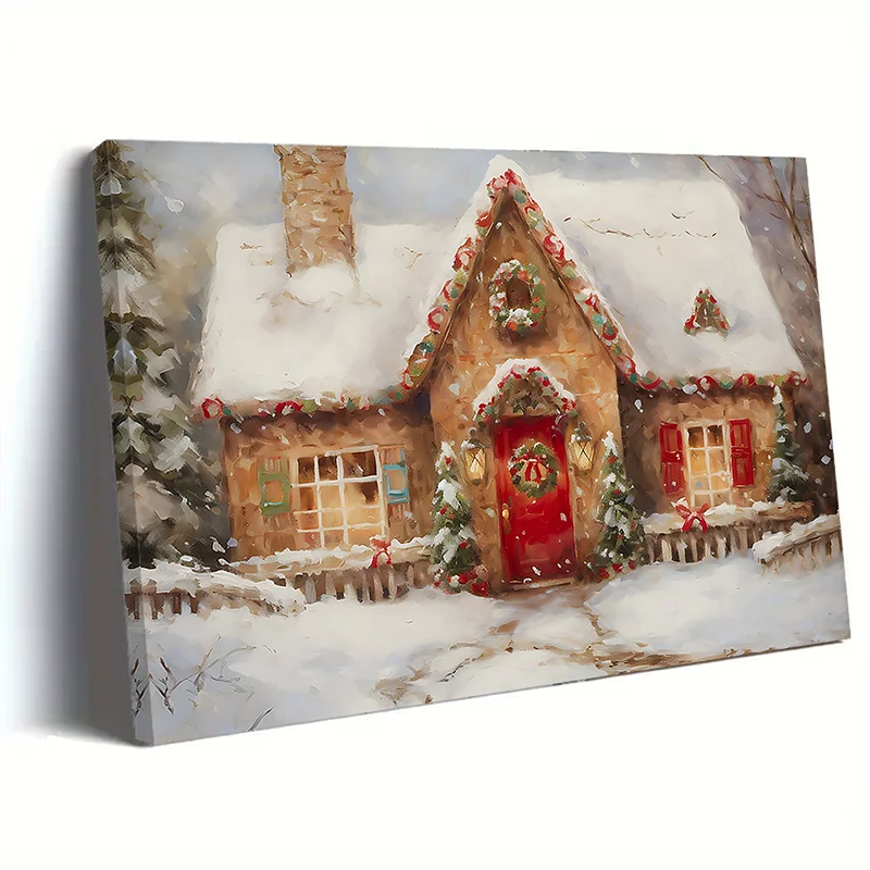 Framed Rustic Gingerbread House Canvas Art Painting Christmas Wall Decoration Oil Paintings For Home And Bedroom Decoration