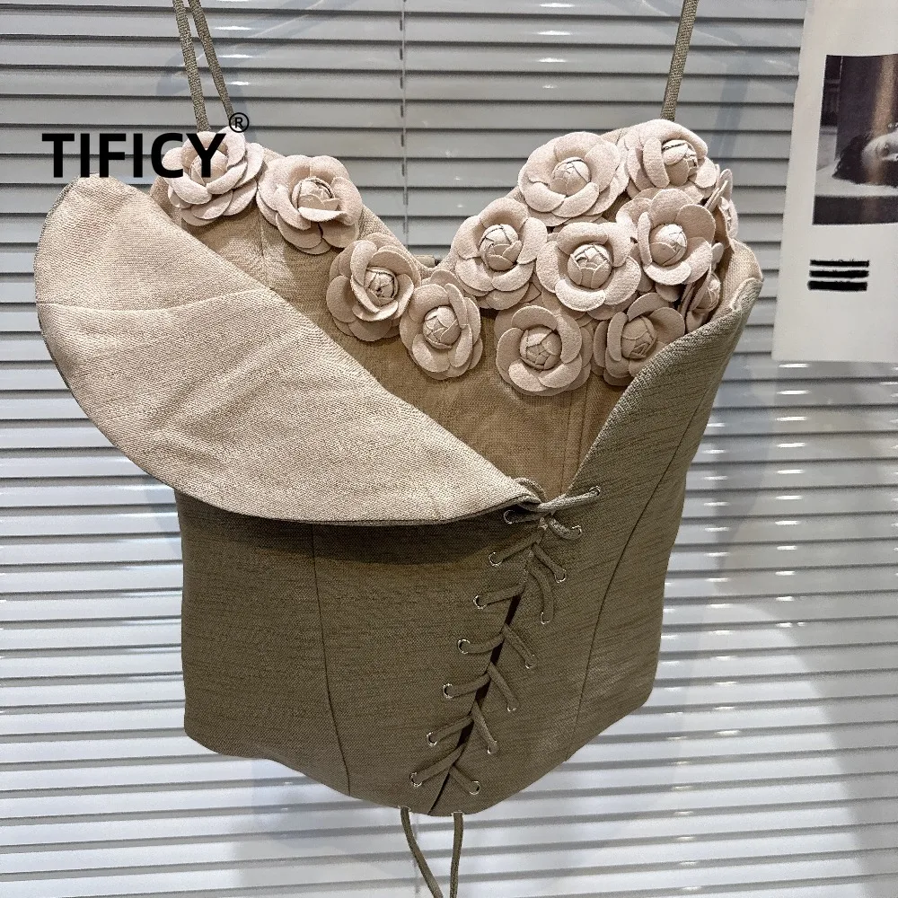 High Street Tanks Camis Women's Spring New Three-dimensional Flower Beveled Strap Design Streetwer Sexy Tank Top