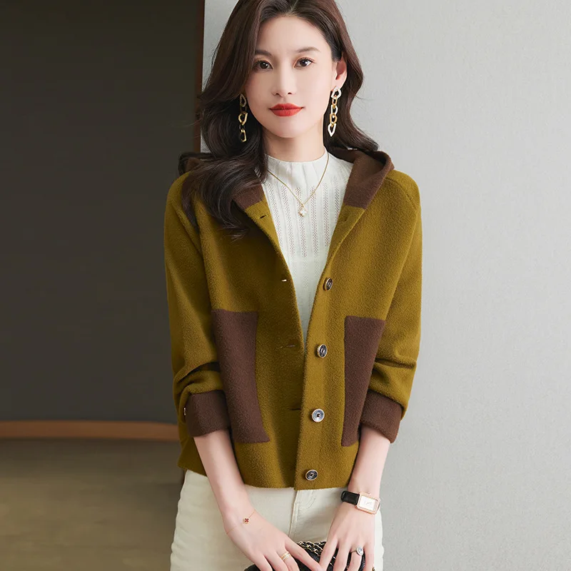 봄 가을 울 코트 여성용 2025 신상 숏 재킷 패션 후드 가디건 아우터 컬러 매칭 오버코트 여성 상의