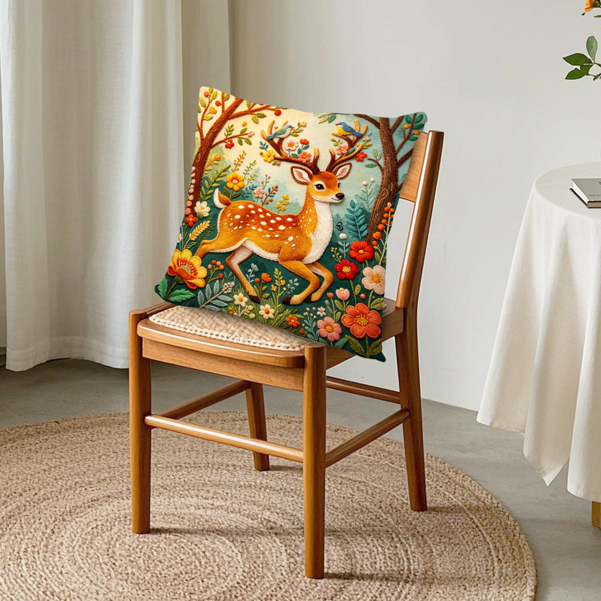 Woodland Floral Deer Bird Faux Embroidery Linen Pillow Cover Cottagecore Cushion Case for Farmhouse Nature Home Couch Bedroom De