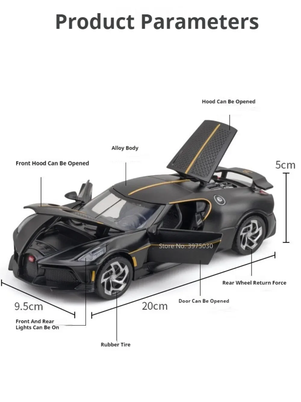 1:24 Bugatti La Voiture Noire Spielzeugauto-Miniaturmodell mit Sound-Licht, zurückziehbar, 4 Türen, geöffnete Fahrzeugmodelle, Kindertagsgeschenk