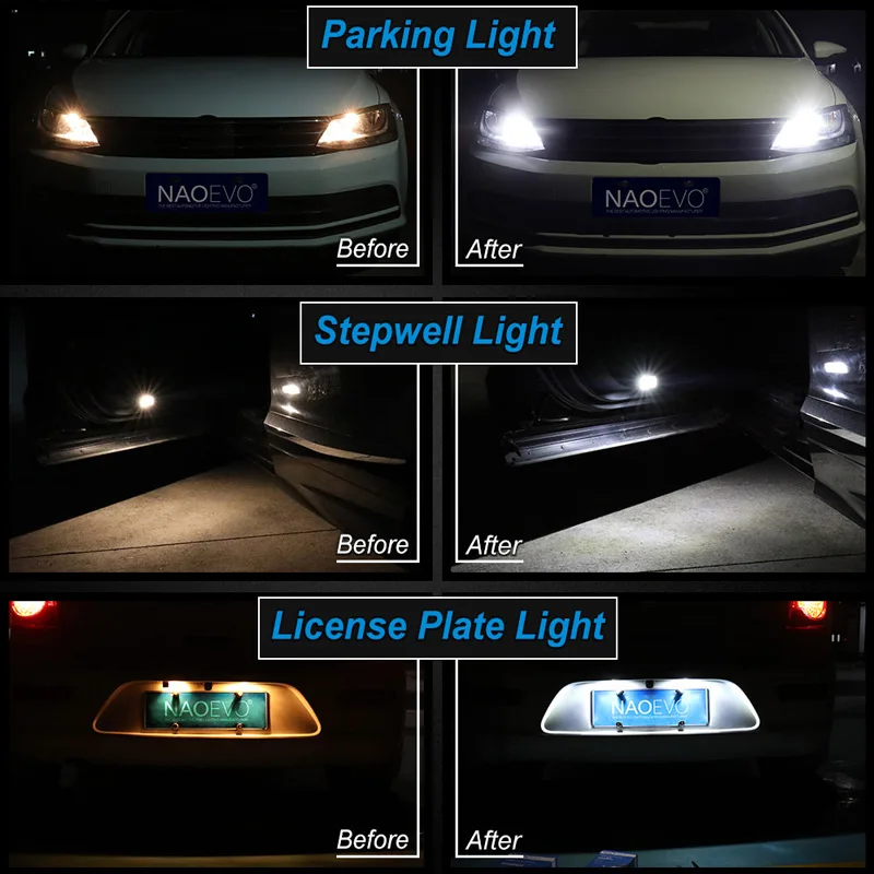 NAO W5W T10 LED Light For Car Interior Lamp 5W5 12V 6500K 194 168 COB Glass Auto Indicator License Plates Dome Map Reading Bulb