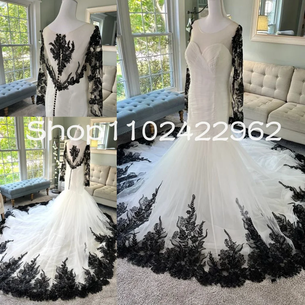 Vingage preto branco gótico sereia vestidos de casamento com manga longa renda applique medieval trompete vestidos de noiva personalizados