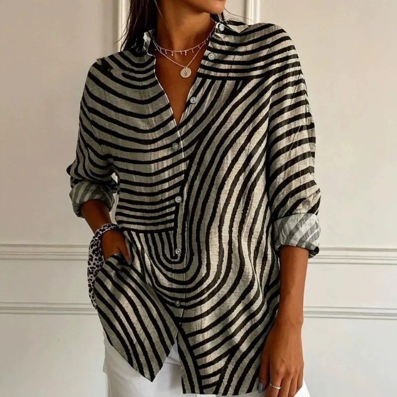 Women Wavy Stripe Print Shirt Long Sleeve Button Down Loose Casual Blouse