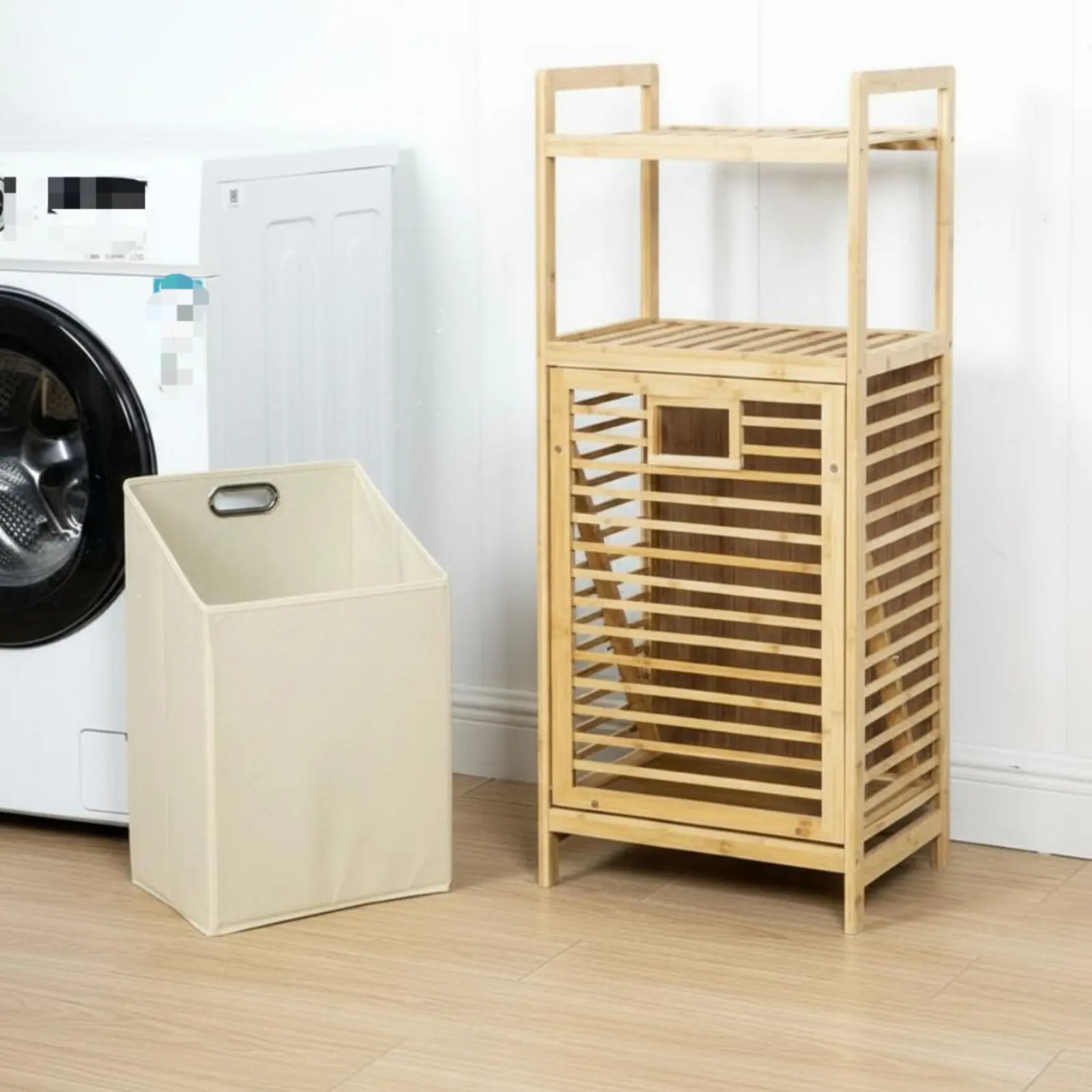 Bamboo Laundry Hamper with Shelves Space-Saving Design Tilt-Forward Laundry Sorter Cabinet for Bathroom, Bedroom
