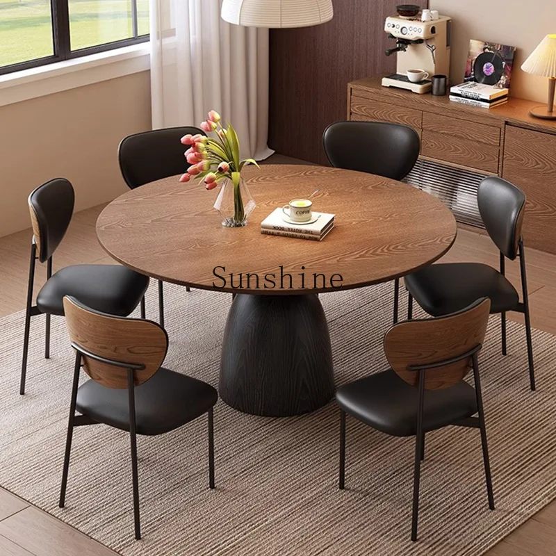 Modern solid wood rock slab dining table household antique style with turntable dining table and chairs