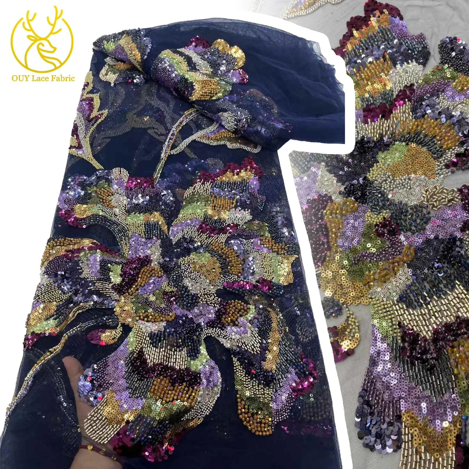 

Luxury African Beaded Lace Fabric 2025 High Quality Women's Party Sequins Embroidery Nigeria French Wedding Tulle Lace Material