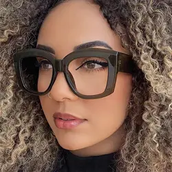2024 Fashion Versatile Concave Shape Trendy Flat Glass Anti Blue Light Square Wide Leg Eyeglasses Frame Retro Casual Female