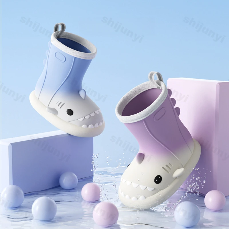 

2025 Colored New Rubber Boots for Children Shark Waterproof Rain Boots Outdoor Comfortable Cute Cartoon Popular Kids Water Boots