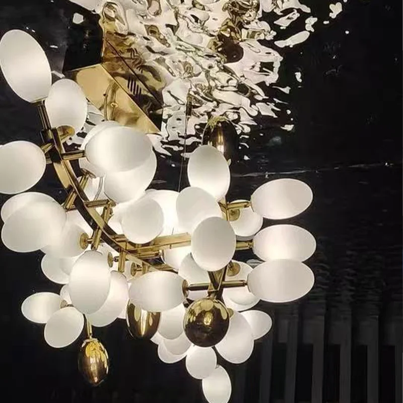 Luxury Gold Frame Chandelier White Jade Glass Grape Cluster Pendant Light 3 Color Dimmable for Hotel Villa