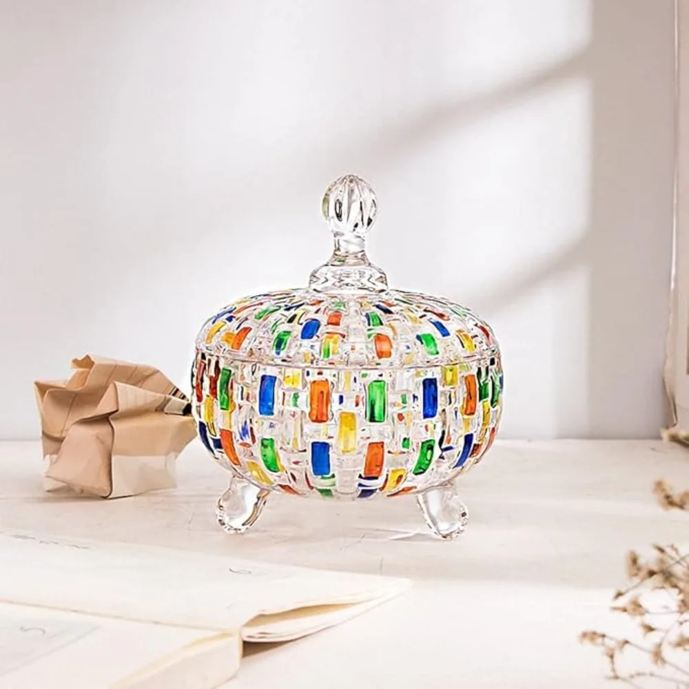 Elegant Glass European Style Candy Jar Colorful with Lid Snack Jar Dust-proof Fruit Bowl Nut