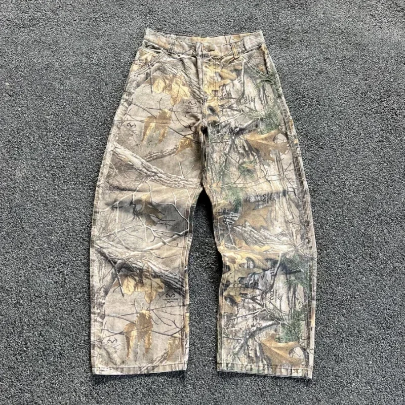 Men's branch camouflage summer new 2024 jeans American style old washed wide leg retro loose fashion trend street straight jeans