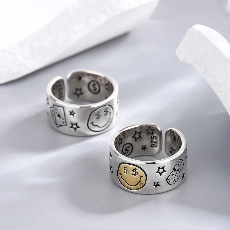 

Personality Smile Face Poker Dice Design Vintage 925 Sterling Silver Ladies Finger Ring Jewelry For Women Birthday Gifts No Fade