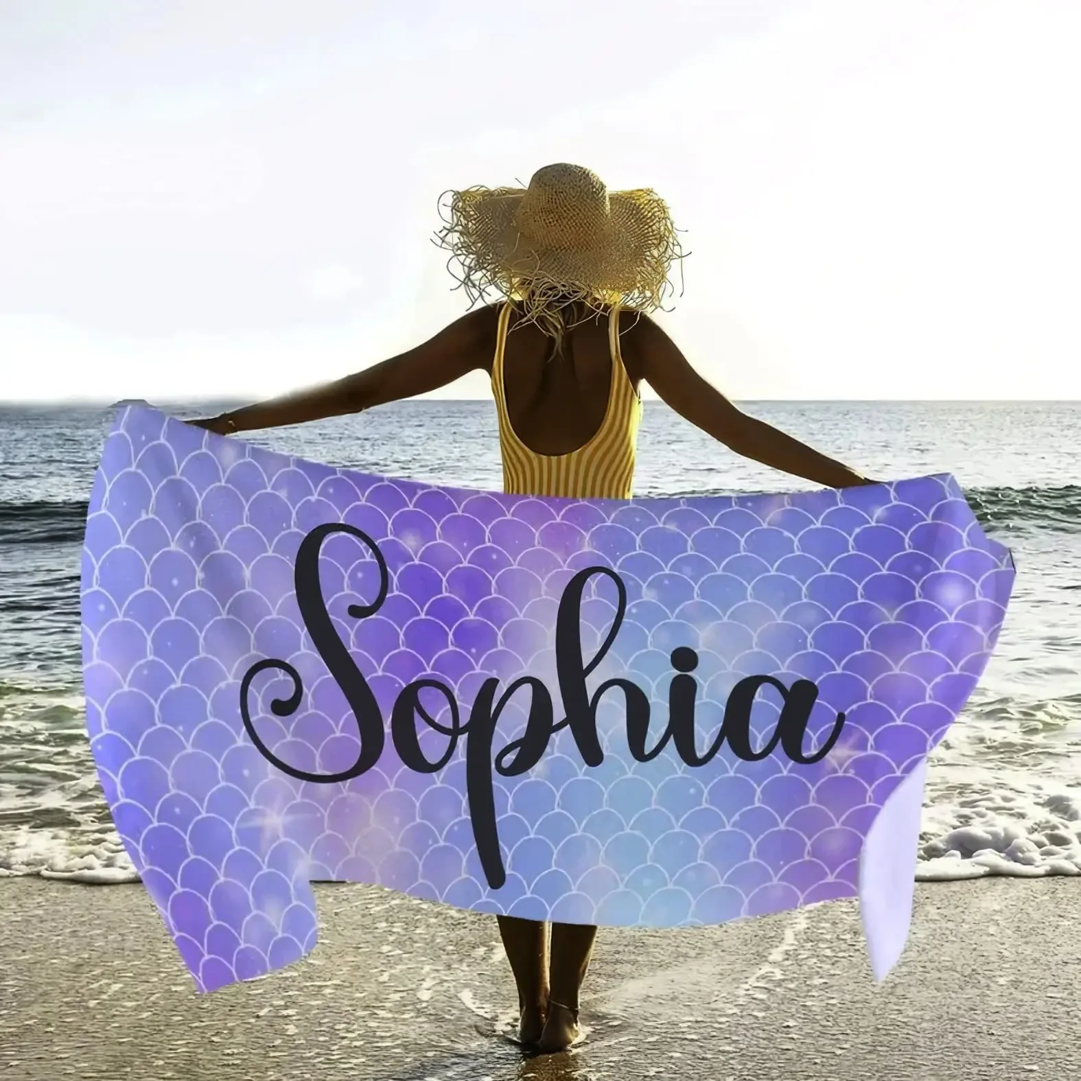 Mermaid Custom Name Diy Fish Scales Beach Towel Personalised Bath Towels for Microfiber Quick Dry Sand Free Outdoor Travel Swim