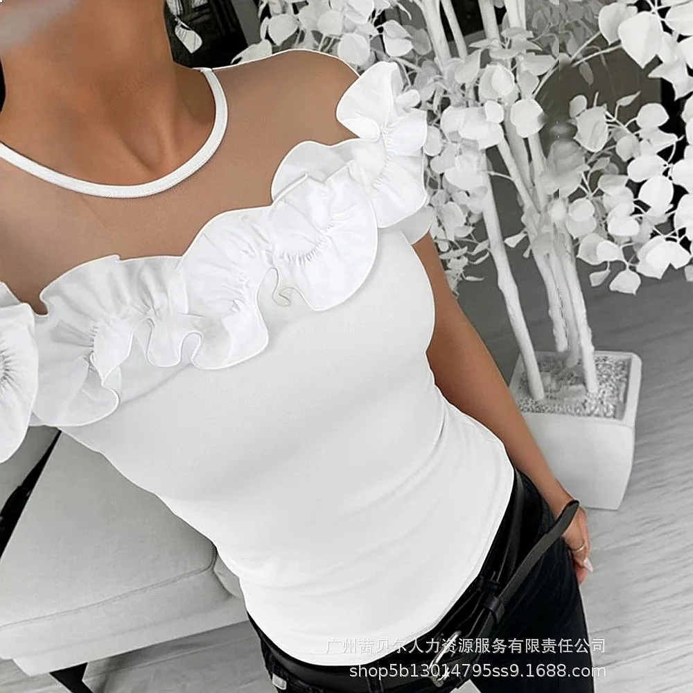 LZR20162 2026 summer short-sleeved mesh stitching three-dimensional flower slim-fit top