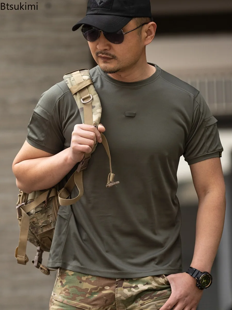 Quick Drying Tactical T-shirt Men Summer Solid Multi-functional Arm Pockets Military Short Sleeve Breathable Blouse Training Top