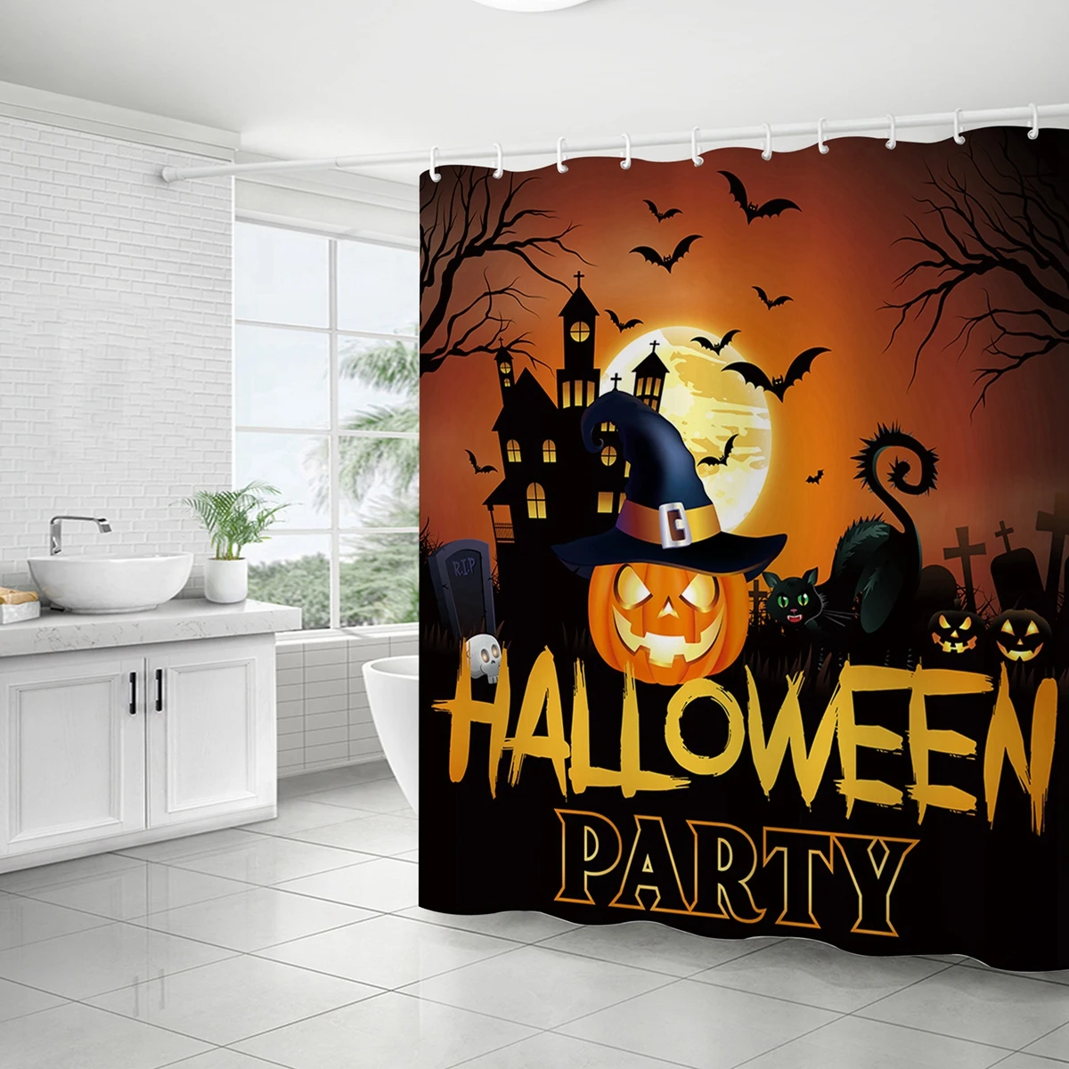 

Хэллоуин занавески для душа для ванной комнаты, водонепроницаемый страшный жуткий замок тыква летучие мыши темный Хэллоуин тема ванная комната украшение дома