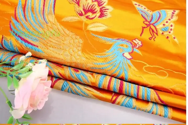 Phoenix Tibetan satin, imitation brocade fabric, cheongsam dress fabric, double phoenix butterfly dress fabric.