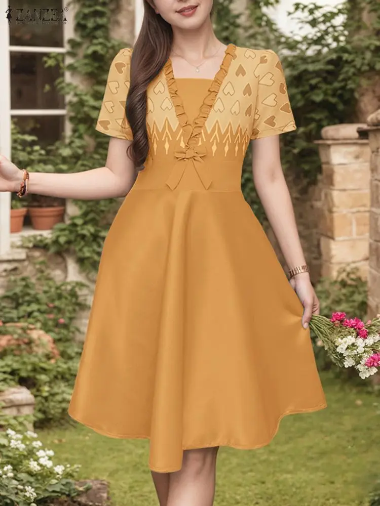 

ZANZEA Elegant Women's Geometric Printing A-Line Dresses Ruffles Trim Square Neck Short Sleeve Bow Detail Fake Two-Piece Dress