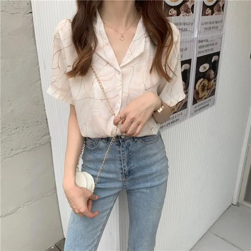 Women Summer Casual Fashion Loose Printing Chiffon Polo-Neck Short Sleeve Shirts Women Clothes Simplicity All-match Trend Tops