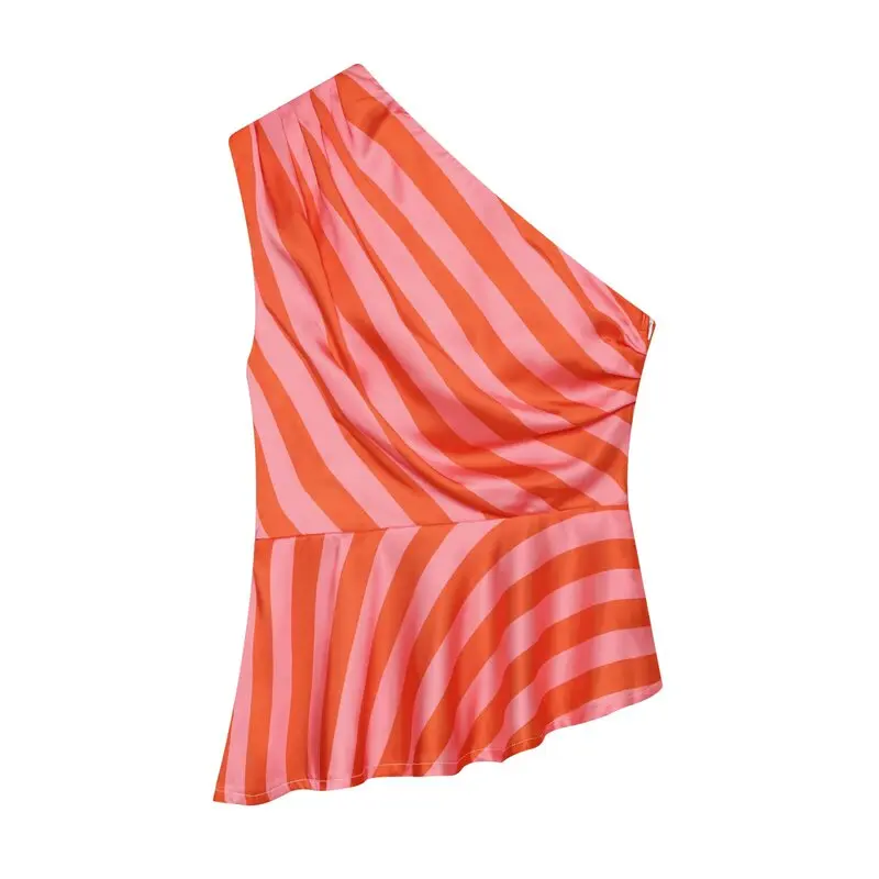 Spring Summer 2026 Asymmetric Striped Single Shoulder Women's Top Fashion Design Slim Fit Outerwear Zipper Closure Vest