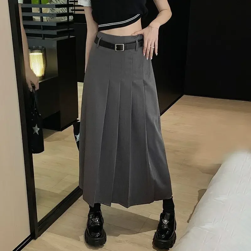 Grauer Anzug für Damen, plissiert, 2025, Sommer, neue hohe Taille, A-Linie, mittlere halblange Rock, koreanische Streetwear-Mode-Kleidung für Damen