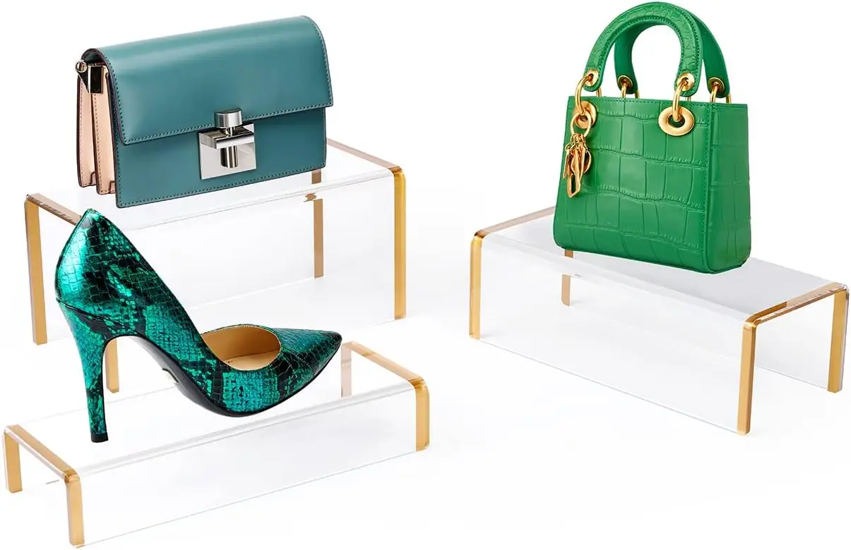 

6mm Thick Clear Acrylic Display Stands, Gold Shoe Riser, 3 Pack for Handbag Wallet Jewelry Showcase