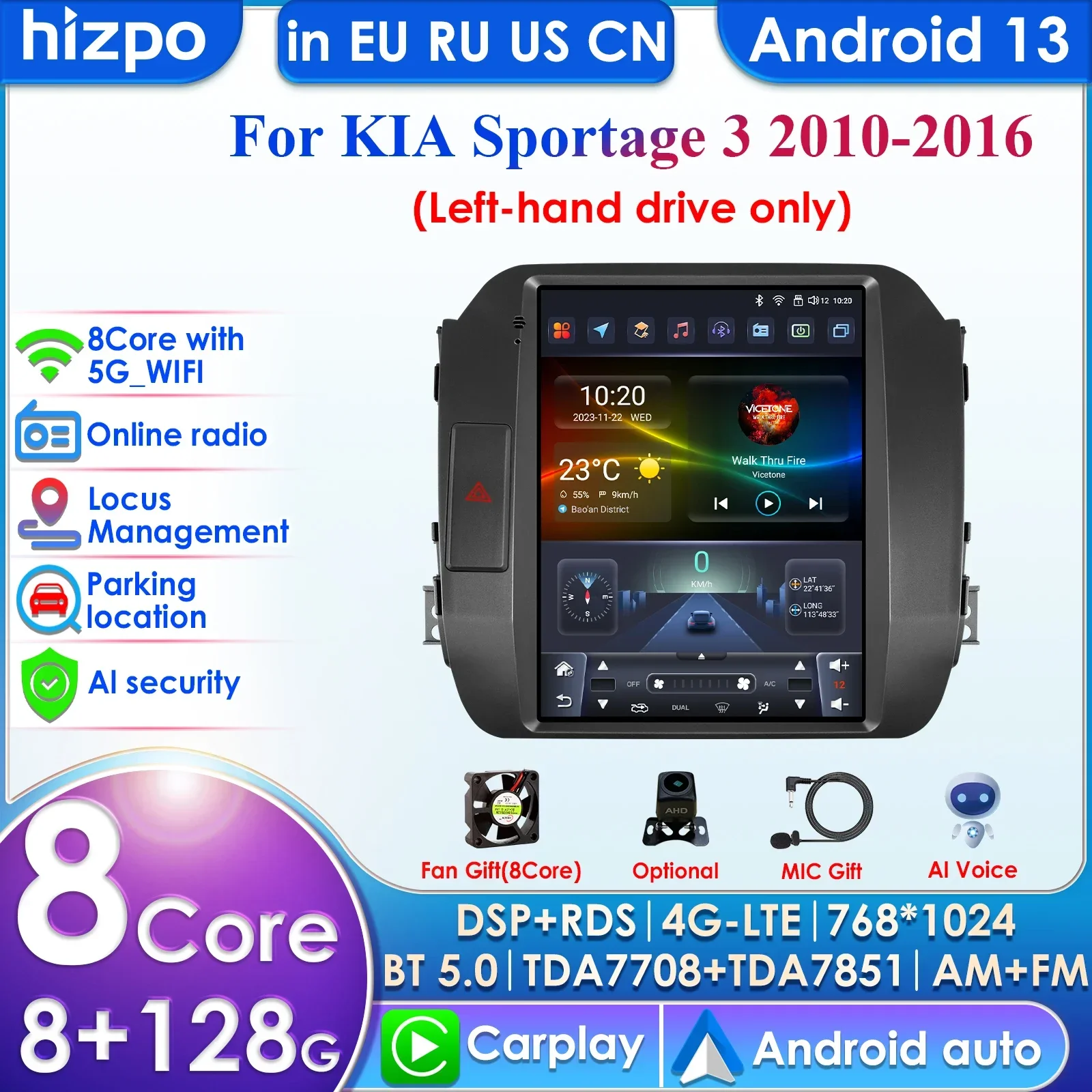 

Carplay 4G-LTE 7862 DSP 9,7 cala 2Din Android Car Radio GPS dla KIA Sportage 3 2010-2016 2015 Multimedialne Autoradio SWC BT RDS Mic